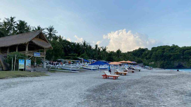 sunbeds and warung at virgin beach, candidasa
