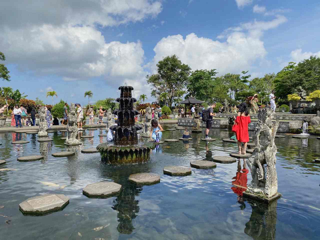 tirtagangga pond with stepping stone area. 