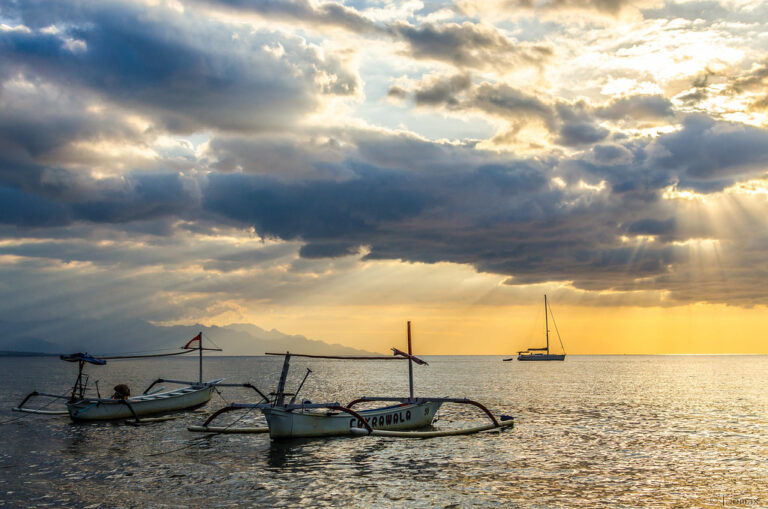 Sunrise at Lovina Beach Bali Dolphin Tours with dolphins jumping in the ocean